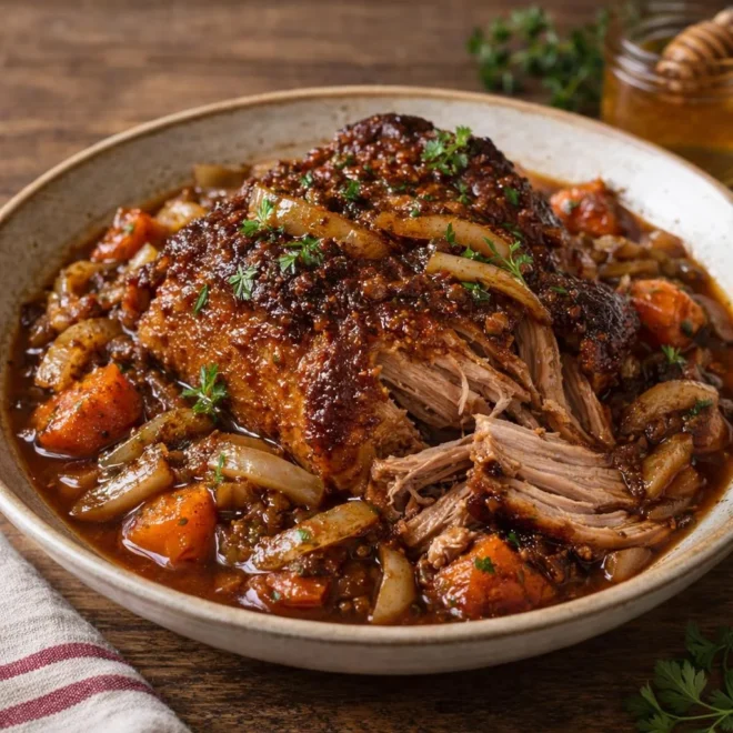 Porc mijoté au miel, paprika fumé et bière brune