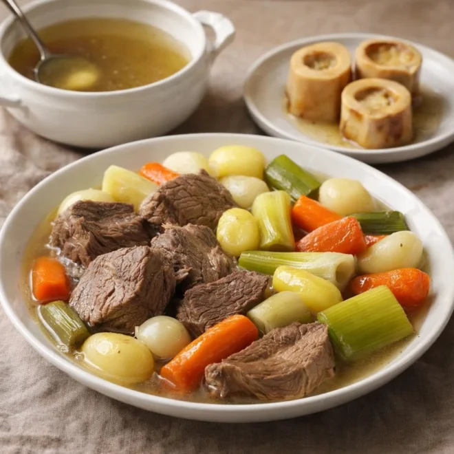 Pot-au-feu aux os à moelle : bouillon clair, légumes fondants et moelle dorée