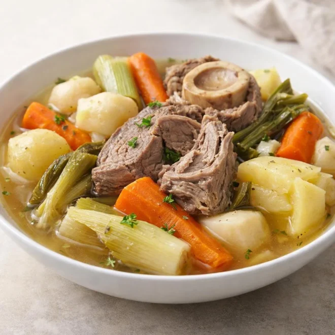 Pot-au-feu léger classique au bœuf, légumes d’hiver et bouillon parfumé