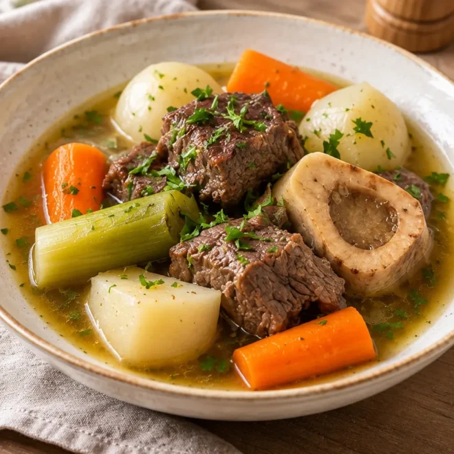 Pot-au-feu traditionnel, fondant et bouillon doré