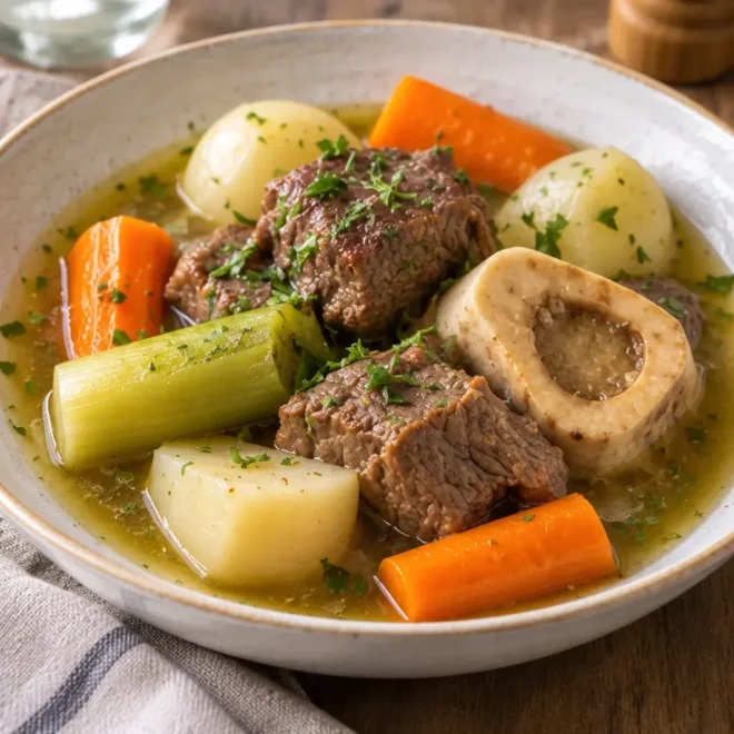 Pot-au-feu traditionnel, bouillon clair et viande fondante