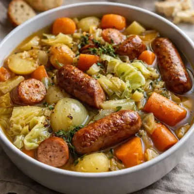 Potée aux saucisses fumées et légumes mijotés