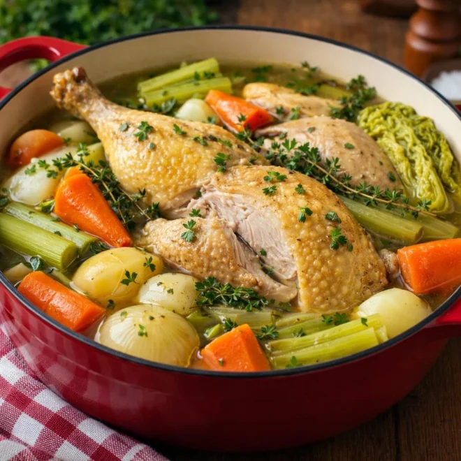 Poule au pot traditionnelle aux légumes : bouillon clair