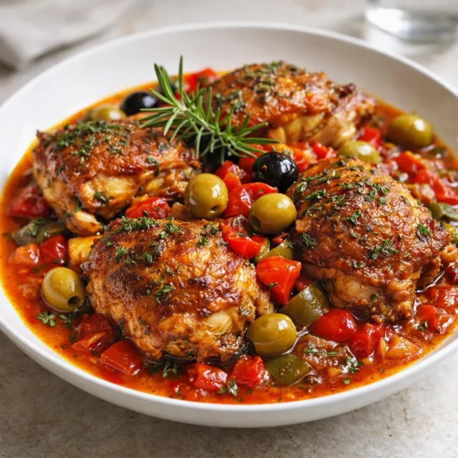 Poulet à la catalane : mijoté tomates, poivrons, olives