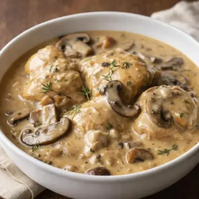 poulet au porto et champignons : sauce crémeuse