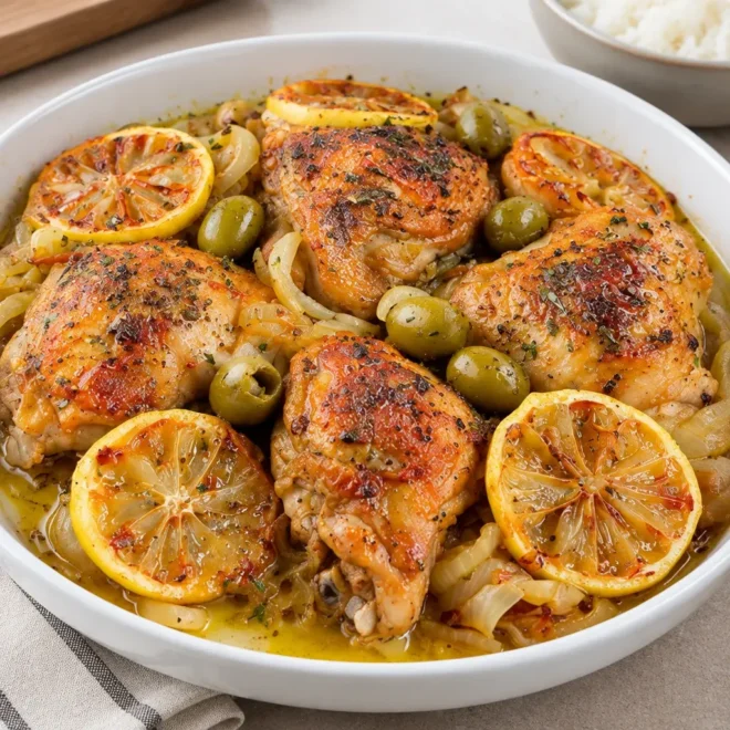 Poulet aux citrons, oignons et olives facile