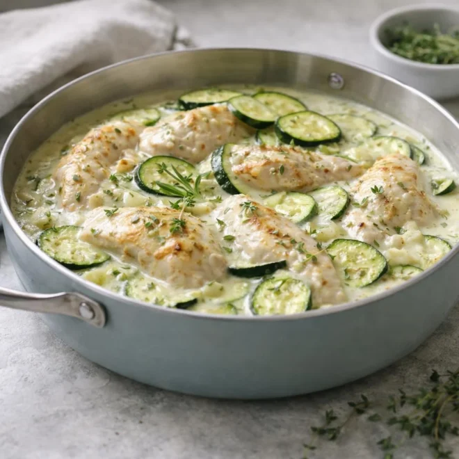 Poulet crème et courgettes à l’ail et au thym, sauce légère