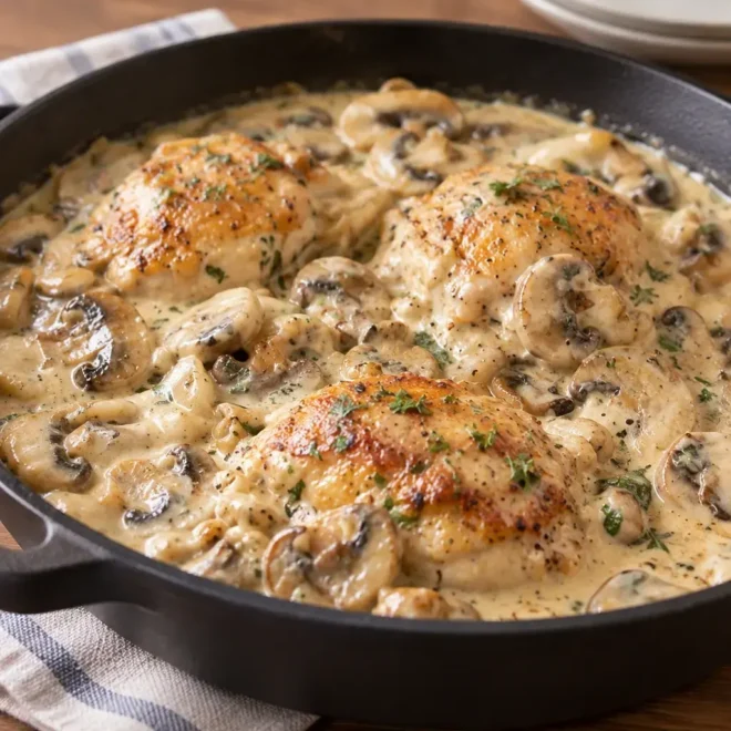 Poulet crémeux aux champignons, sauce fondante et dorée