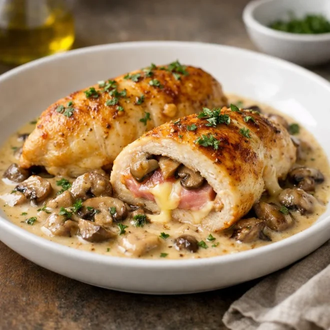 Poulet façon Orloff jambon, champignons et fromage