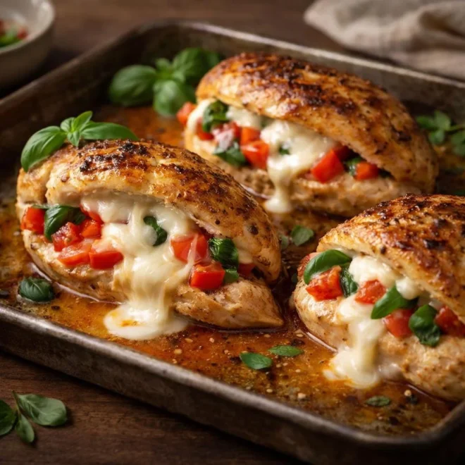 Poulet fondant à la mozzarella : cœur coulant tomates-basili