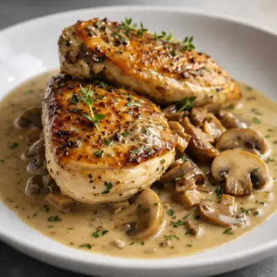 Poulet mijoté au porto et aux champignons