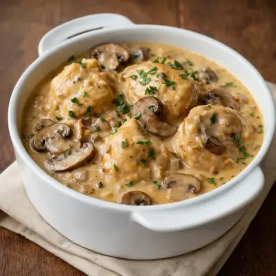poulet au porto et champignons, sauce crémeuse