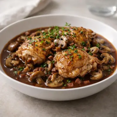 Poulet au porto et champignons : sauce onctueuse