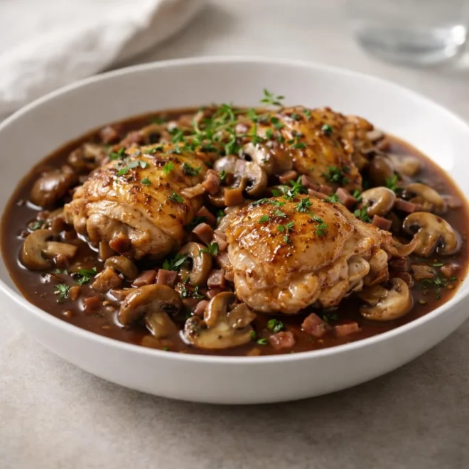 Poulet au porto et champignons, sauce onctueuse au vin rouge