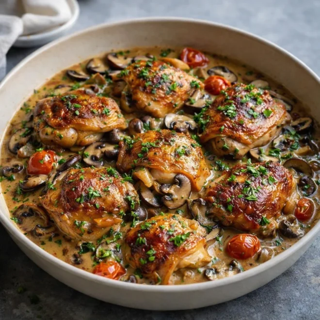 Poulet sauté chasseur aux champignons, sauce crémeuse