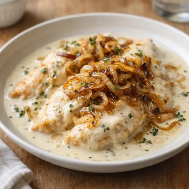 Poulet au yaourt et oignons caramélisés légers