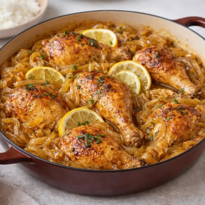 Poulet Yassa aux oignons fondants (doux-acidulé au citron et moutarde)