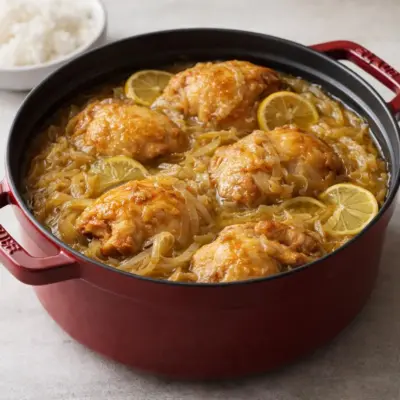 Recette poulet yassa au citron confit, oignons fondants