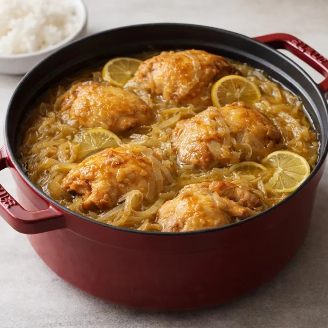 Poulet yassa au citron confit, oignons caramélisés et sauce moutardée