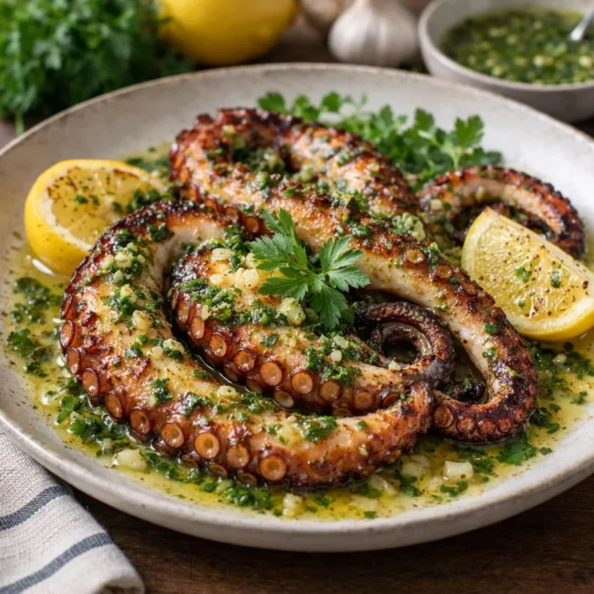 Poulpe grillé au beurre persillé, ail et citron