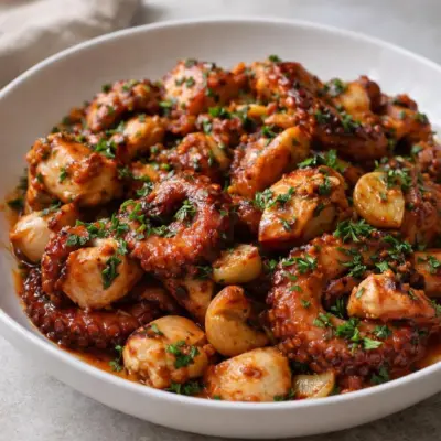 Poulpe sauté à l’ail et aux épices : sauce tomate