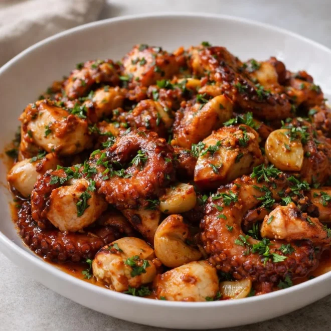 Poulpe sauté à l’ail et aux épices : sauce tomate