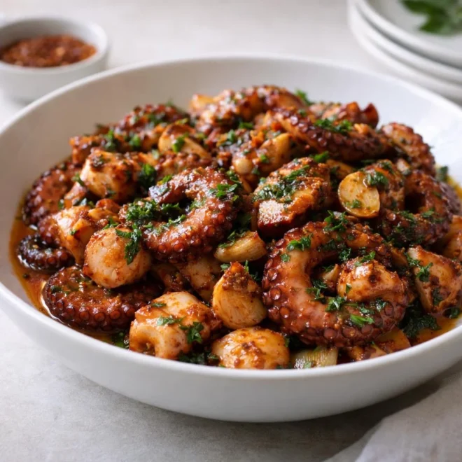 Poulpe sauté à l’ail et aux épices : tendre & parfumé