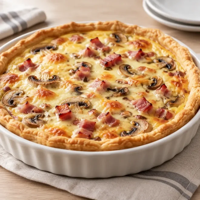 Quiche aux champignons et aux lardons, crémeuse et dorée