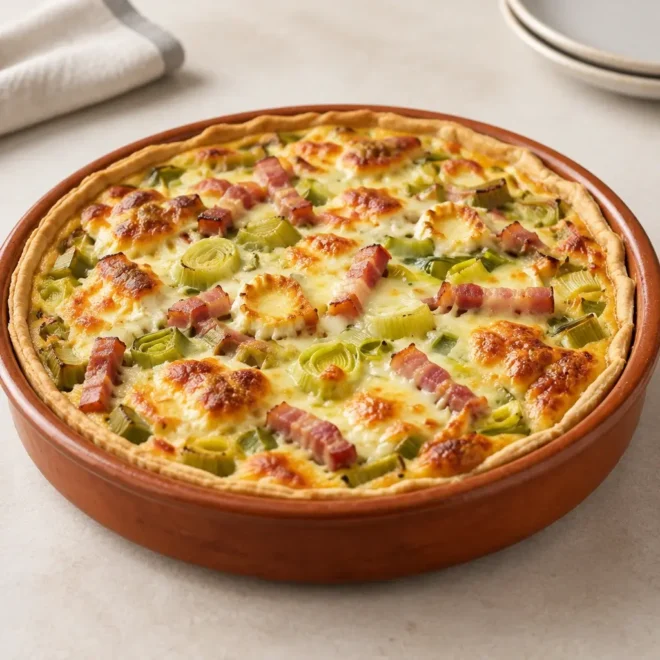 Quiche aux poireaux, lardons et chèvre fondante