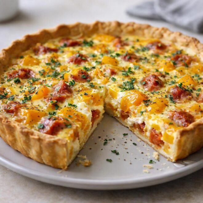 Quiche chorizo & poivrons jaunes, crème légère au fromage