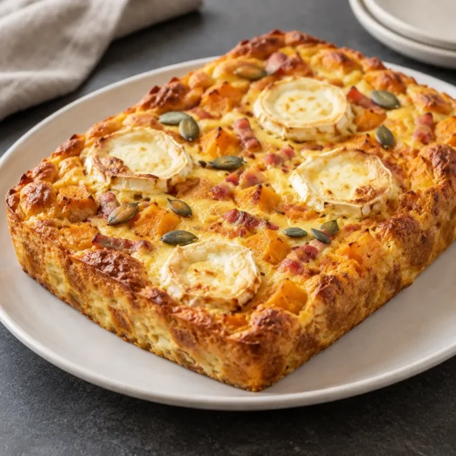 Quiche sans pâte au potimarron, chèvre et lardons