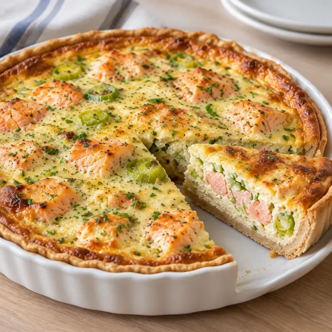 Quiche saumon poireaux : recette crémeuse et dorée