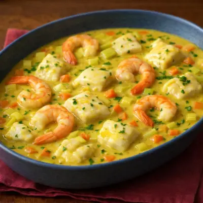 Ragoût de cabillaud et crevettes à la crème safranée