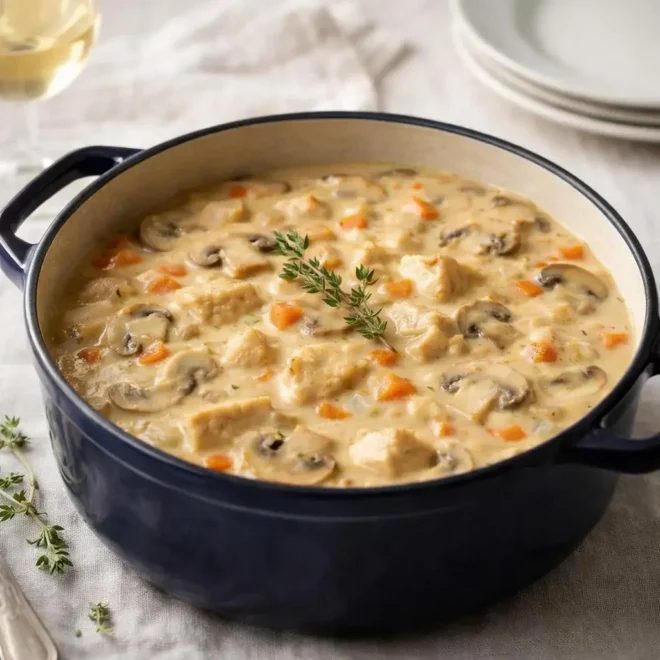 Ragoût de poulet crémeux aux champignons et vin blanc