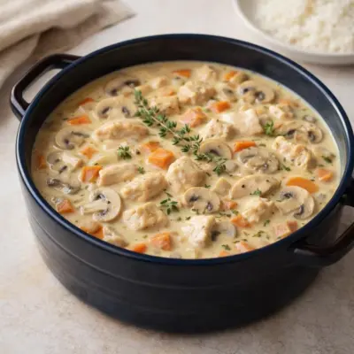 Ragoût de poulet crémeux aux champignons et vin blanc