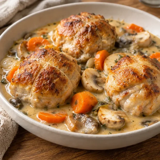 Recette poulet mijoté, champignons et carottes