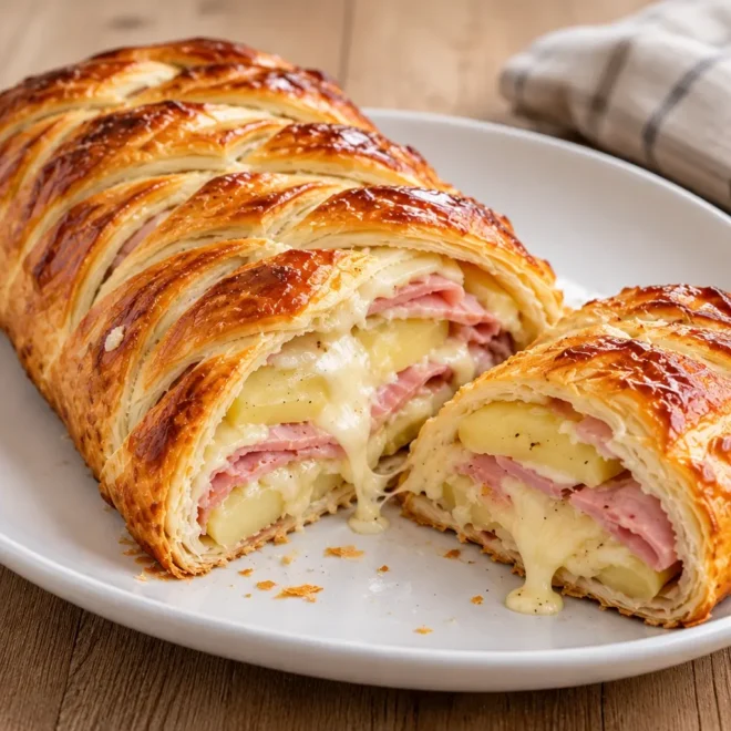 Strudel tressé au jambon, pommes de terre et fromage