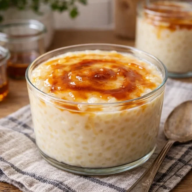 Riz au lait à la vanille et au caramel, crémeux
