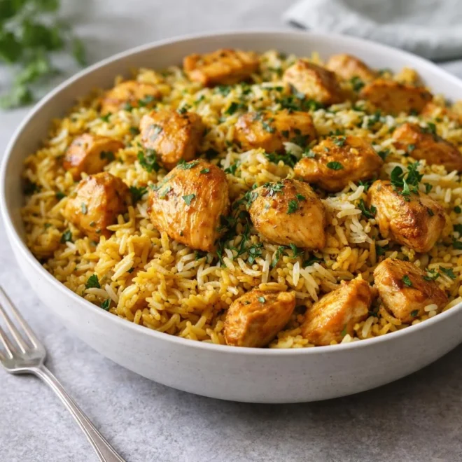 Riz pilaf épicé au poulet : riz fondant & poulet doré