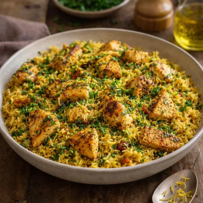 Recette riz pilaf épicé au poulet safrané au citron
