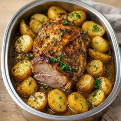 Rôti de porc à l’ail et pommes de terre fondantes