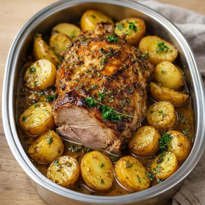 Rôti de porc à l’ail et pommes de terre fondantes