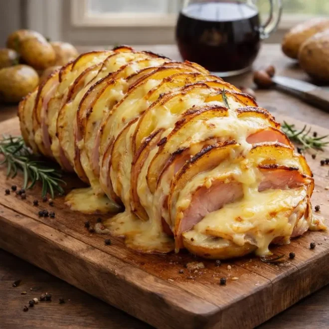 Rôti de pommes de terre au jambon et fromage fondu