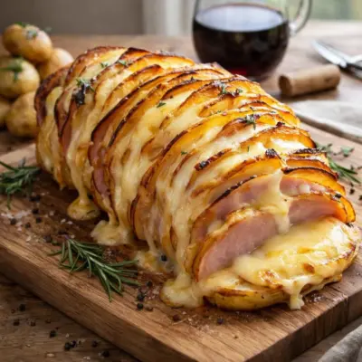 Rôti de pommes de terre au jambon et fromage fondu