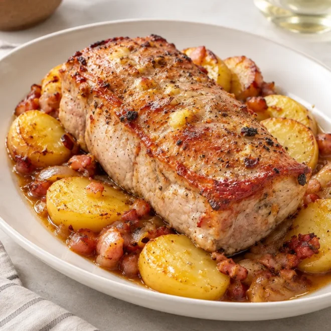 Rôti de porc aux pommes de terre, lardons et oignons