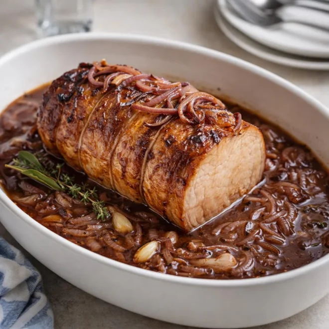Rôti de porc au four braisé aux oignons au vin blanc