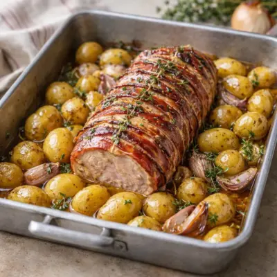 Rôti de porc aux pommes de terre rôties aux herbes