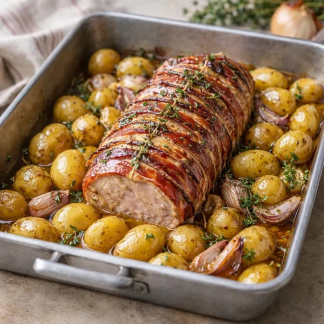 Rôti de porc aux pommes de terre rôties aux herbes