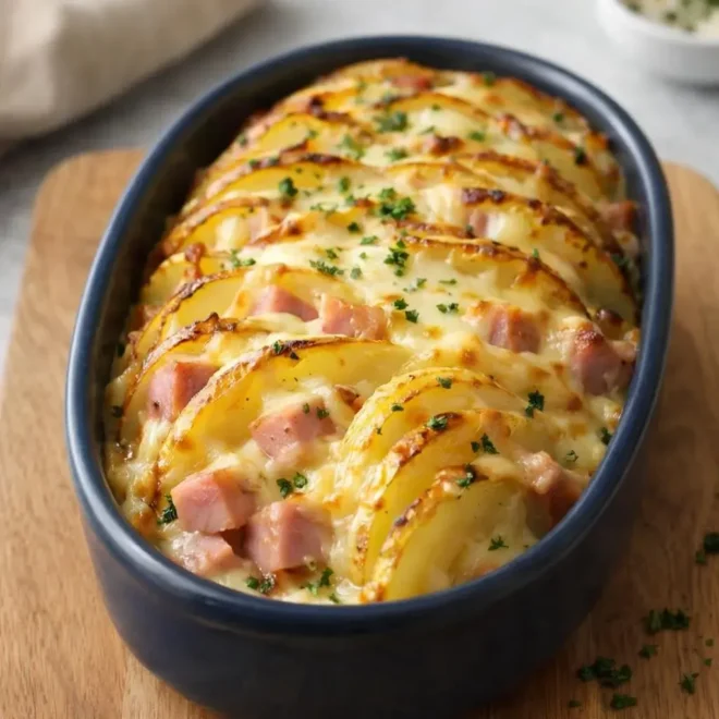 Rôti de pommes de terre au jambon et fromage fondant