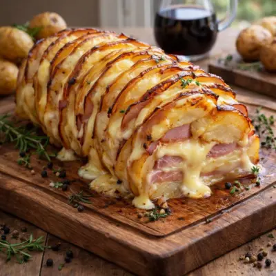 Roti de pommes de terre au jambon et fromage fondu